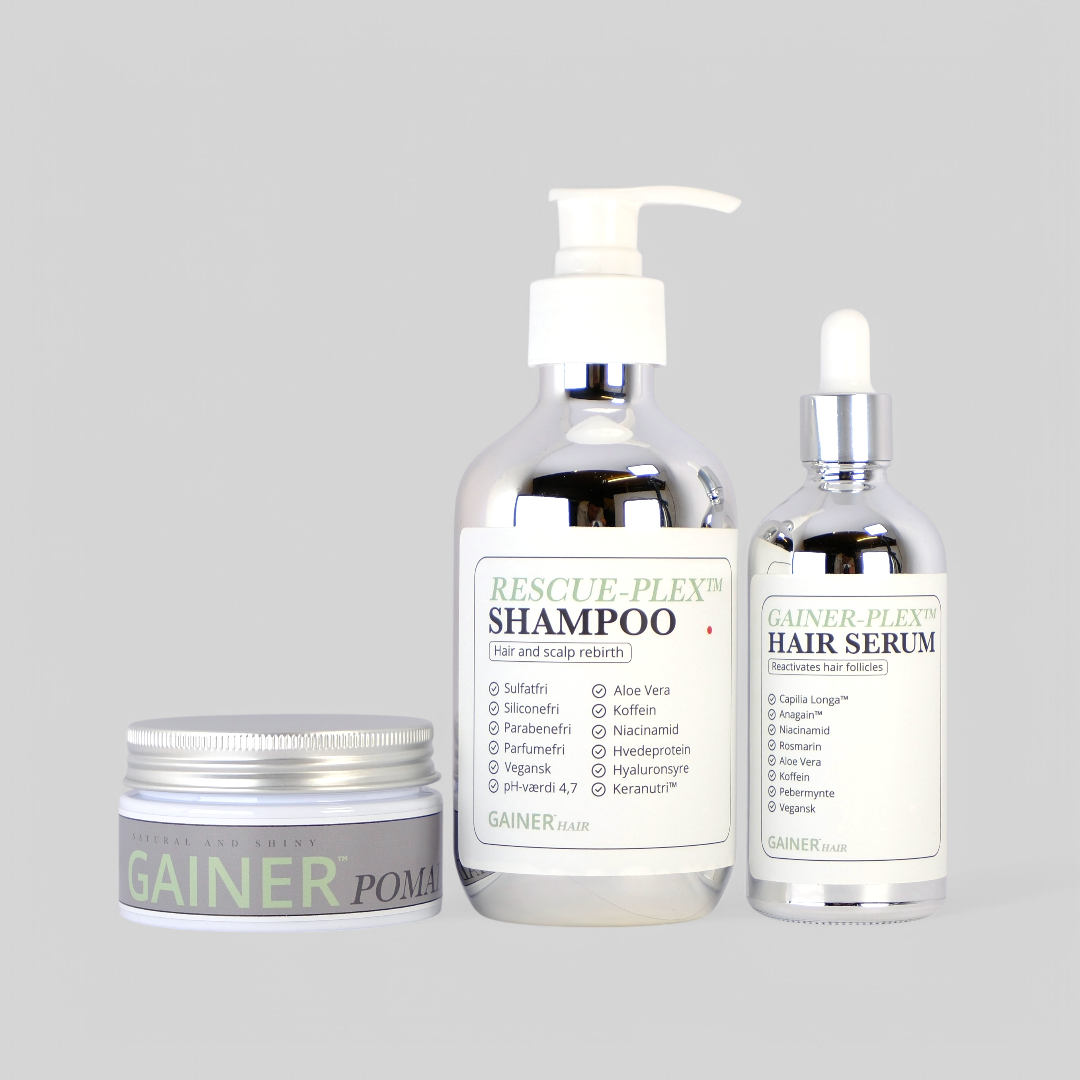 Gainer Pomade Care Pack: Shampoo, serum og pomade med naturlige ingredienser for sundt, stærkt og stilfuldt hår hver dag.