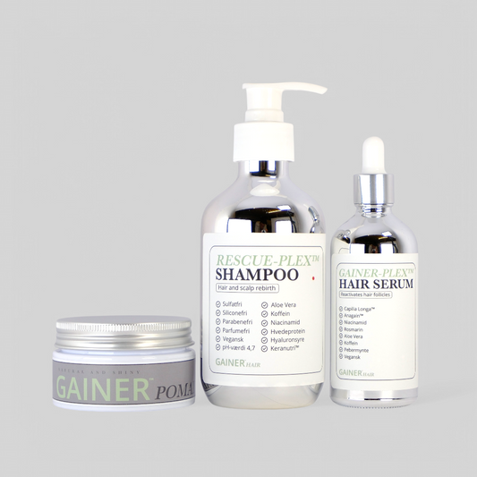 Gainer Pomade Care Pack: Shampoo, serum og pomade med naturlige ingredienser for sundt, stærkt og stilfuldt hår hver dag.