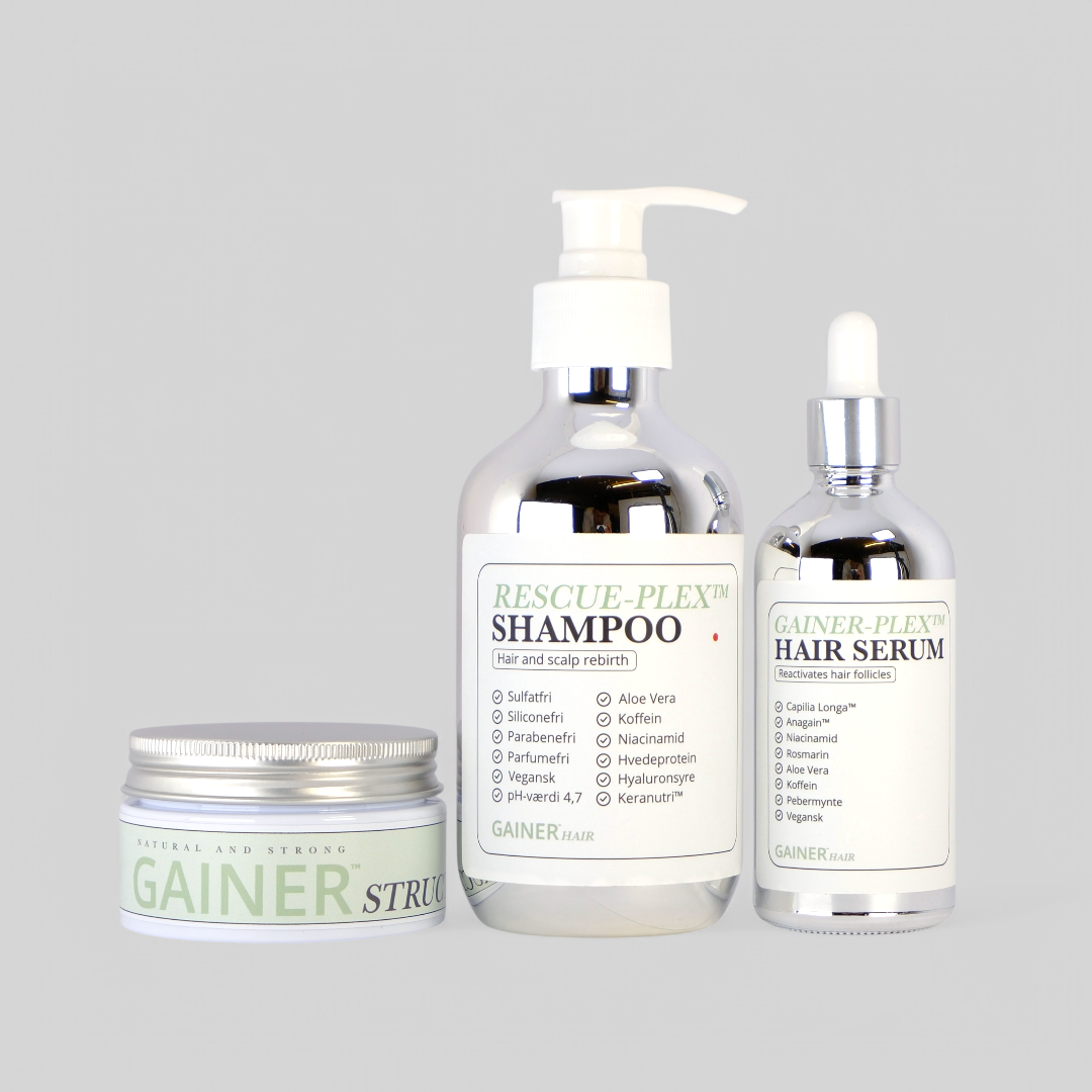 Gainer Structure Care Pack: Shampoo, serum og strukturvoks for rent, stærkt og fyldigt hår med langvarigt hold og naturlig pleje.