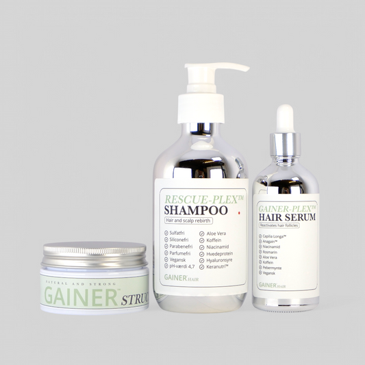 Gainer Structure Care Pack: Shampoo, serum og strukturvoks for rent, stærkt og fyldigt hår med langvarigt hold og naturlig pleje.