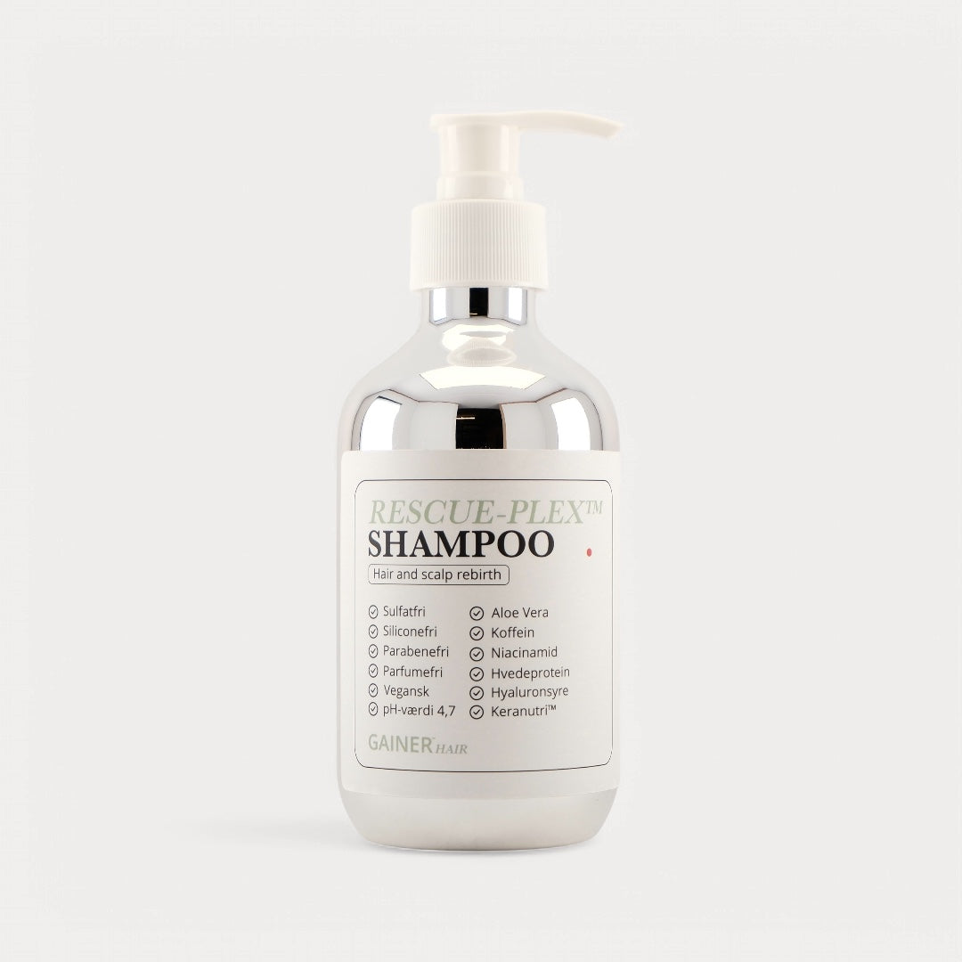 Rescue-plex Shampoo – sulfatfri og parfumefri shampoo, der fugter, styrker og balancerer hår og hovedbund.